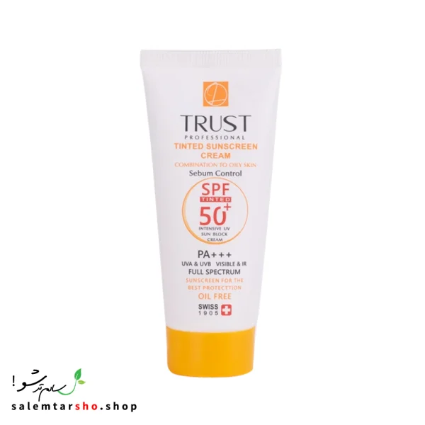 کرم ضد آفتاب رنگی و کنترل چربی بژ طبیعی تراست با SPF50+ برای محافظت و آبرسانی پوست