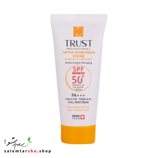 کرم ضد آفتاب رنگی و ضد پیری بژ روشن تراست با SPF50+ برای محافظت، آبرسانی و کاهش التهاب پوست