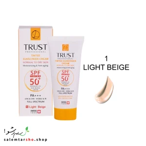 کرم ضد آفتاب رنگی و ضد پیری بژ روشن تراست با SPF50+ برای محافظت، آبرسانی و کاهش التهاب پوست