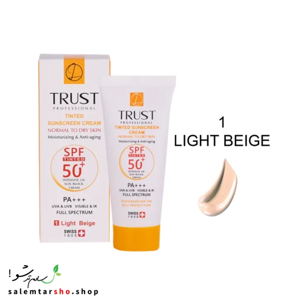 کرم ضد آفتاب رنگی و ضد پیری بژ روشن تراست با SPF50+ برای محافظت، آبرسانی و کاهش التهاب پوست