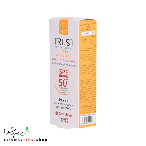 کرم ضد آفتاب رنگی و ضد پیری بژ تیره تراست با SPF50+ برای محافظت از پوست در برابر اشعه UV و آلودگی