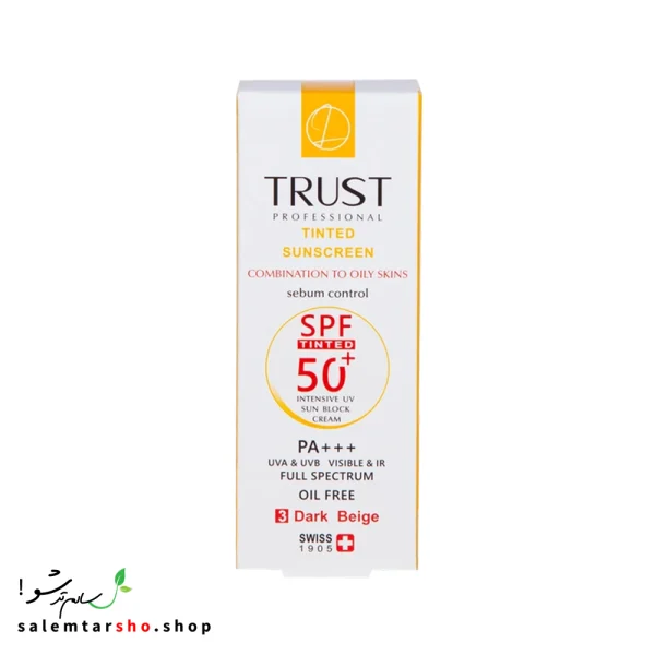 کرم ضد آفتاب رنگی و کنترل چربی بژ تیره تراست با SPF50+ برای محافظت از پوست و کنترل چربی