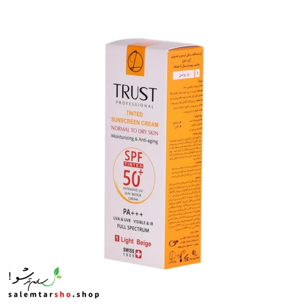 کرم ضد آفتاب رنگی و ضد پیری بژ روشن تراست با SPF50+ برای محافظت، آبرسانی و کاهش التهاب پوست