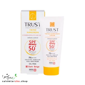 کرم ضد آفتاب رنگی و کنترل چربی بژ تیره تراست با SPF50+ برای محافظت از پوست و کنترل چربی