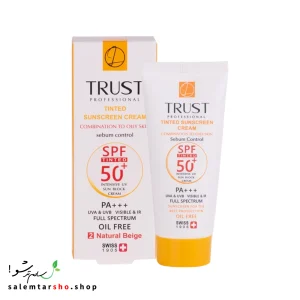 کرم ضد آفتاب رنگی و کنترل چربی بژ طبیعی تراست با SPF50+ برای محافظت و آبرسانی پوست