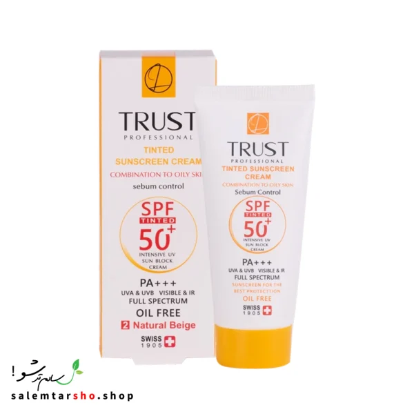 کرم ضد آفتاب رنگی و کنترل چربی بژ طبیعی تراست با SPF50+ برای محافظت و آبرسانی پوست
